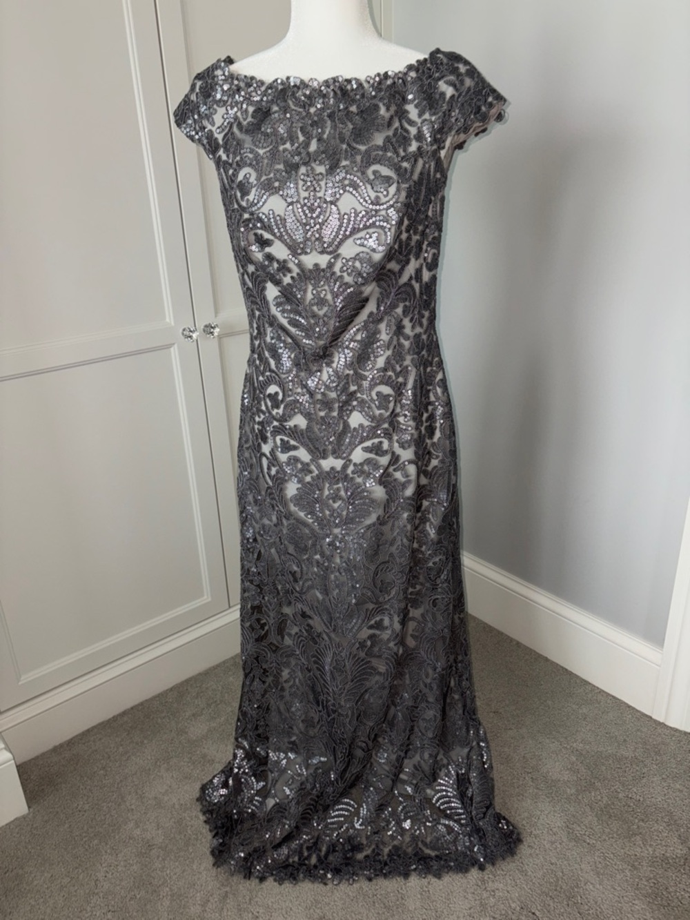 Tadashi Shoji Gunmetal Embellished Lace Maxi Gown